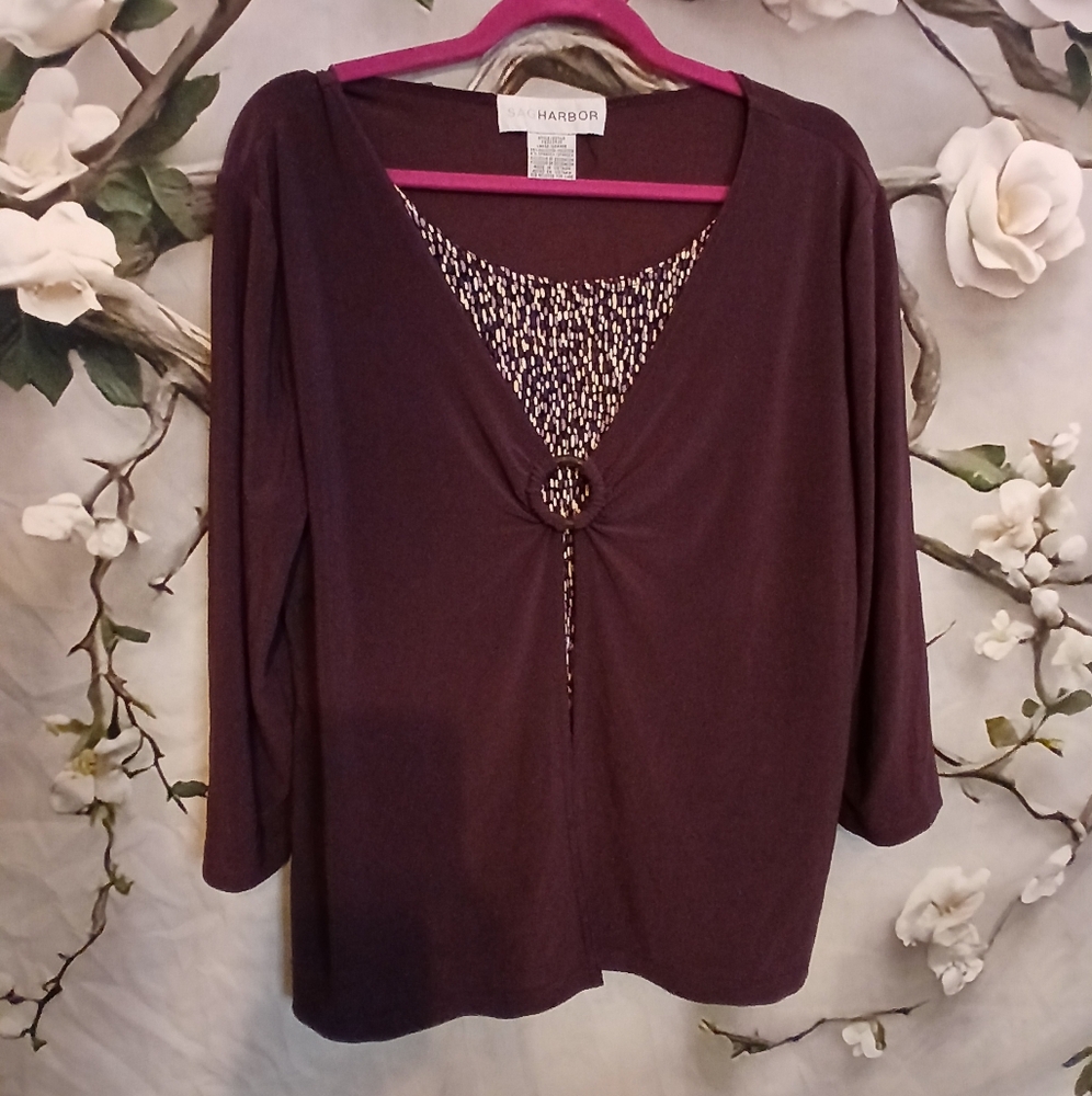 Sag Harbor Women's Dark Purple Blouse with Ring Accent